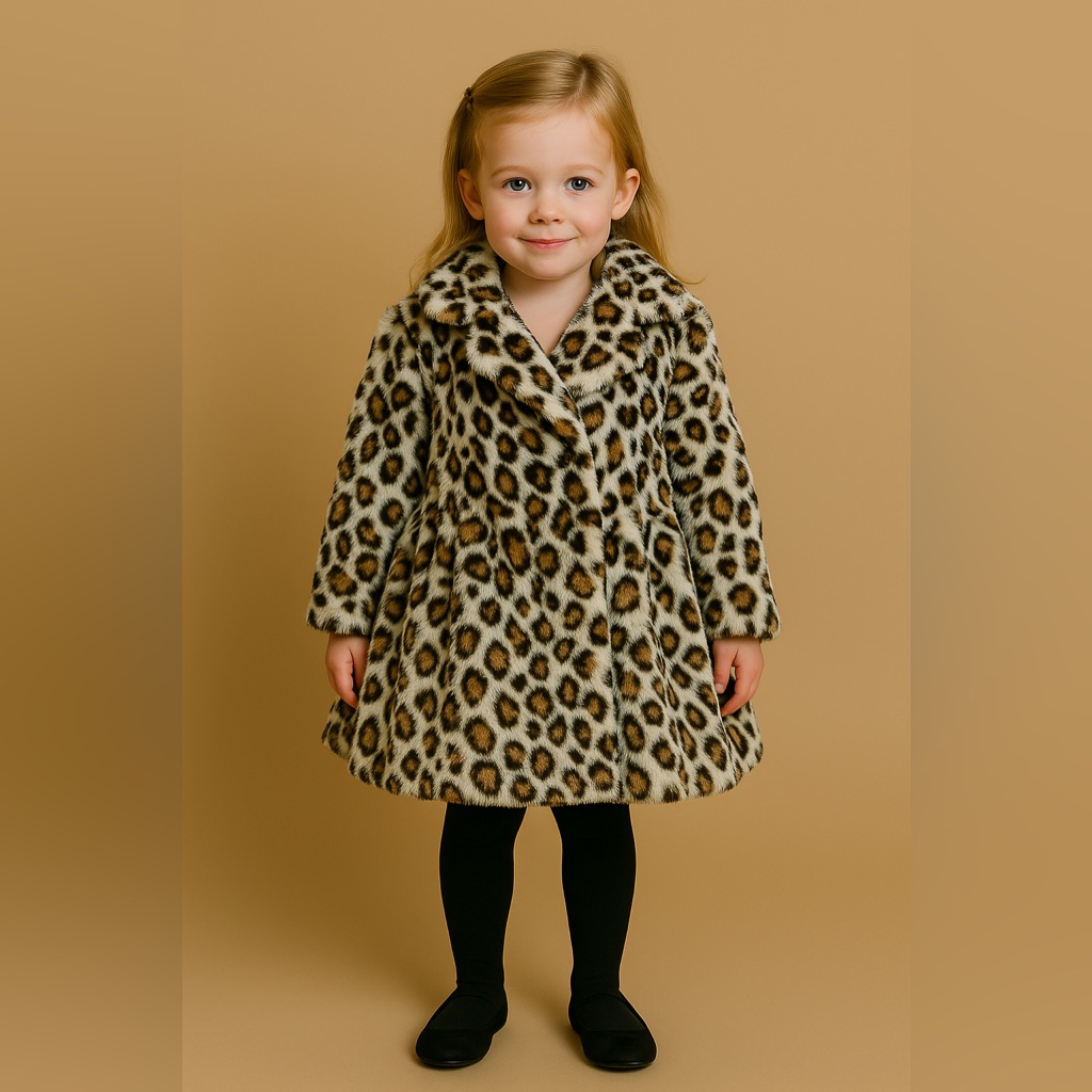 Coat - Little Girls Leopard Print Pompom Coat